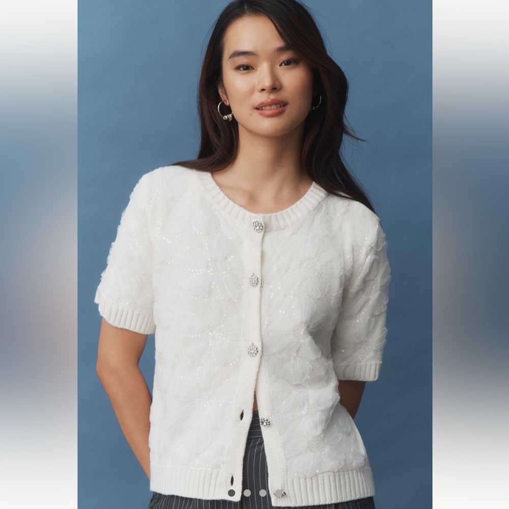 Anthropologie x Maeve Short-Sleeve Floral Embellished Cardigan Sweater - Size S
